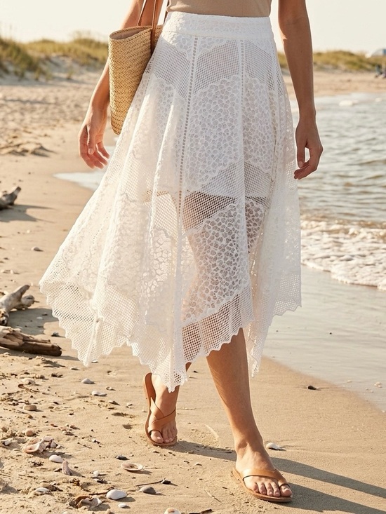 Vintage Dresses & Skirts - VINTAGE | MID-RISE LACE CROCHET ASYMMETRICAL MIDI SKIRT IN WHITE SIZE LARGE